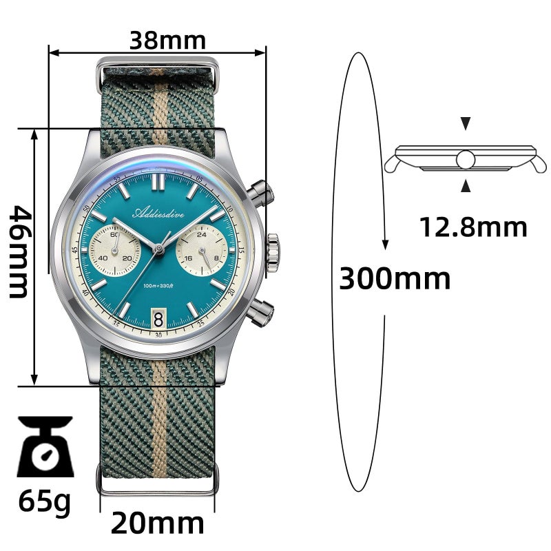 ADDIESDIVE 38 MM Chronograph Watch Quartz Sweep Second Movement 100 M Waterproof BGW9 Luminous Owl Dial Sport Watches for Men Nylon Strap - Image 2