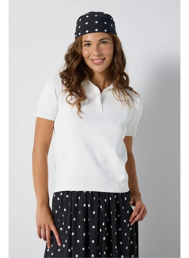 mina aise Women's White Short Sleeve Polo Collar Buttoned Knit Sweater 5273.