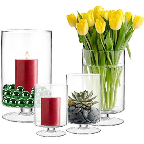 CYS EXCEL Glass Hurricane Pillar Candle Holder (H:6" W:3.75") | Multiple Size Choices Short Stem Candle Centerpieces | Stemmed Glass Cylinder Candle Vase - Image 5