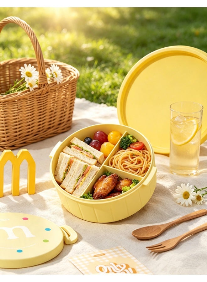 Cute M&M Style Round Bento Box, 3‑Compartment Leak‑Proof Lunch Container For Kids Students, Microwave‑Safe Portable Food Box（6911-Yellow） - Image 5