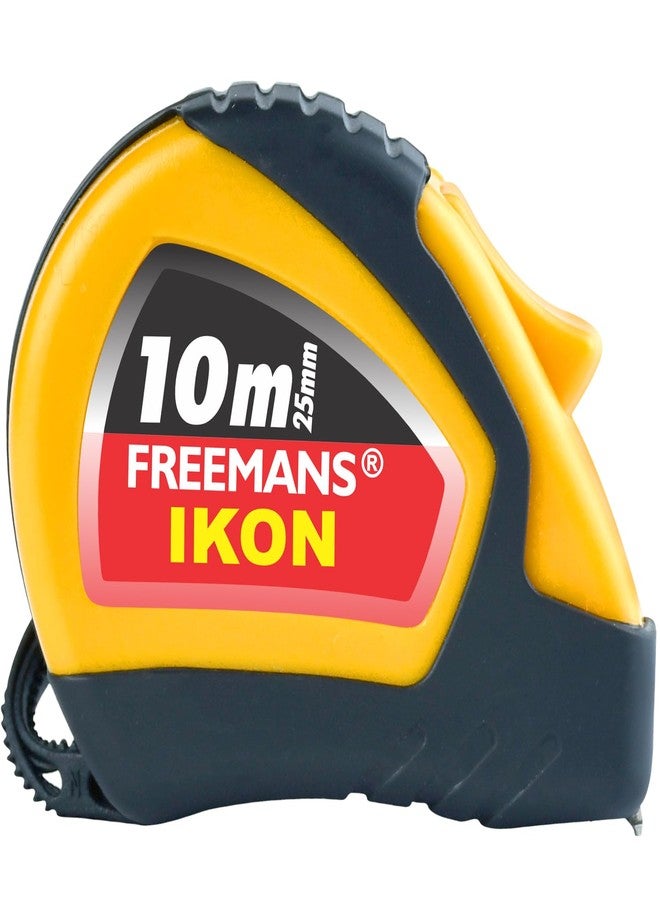 FREEMANS IKON 10m:25mm Steel Inchi Measuring Tape -10m (Yellow & Black) With Unbreakable ABS case || Soft Grip Bi-material Case || Auto-lock and Belt Clip (Pack of 1) - Image 1