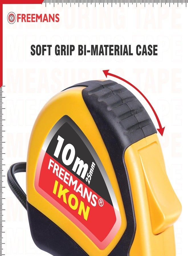 FREEMANS IKON 10m:25mm Steel Inchi Measuring Tape -10m (Yellow & Black) With Unbreakable ABS case || Soft Grip Bi-material Case || Auto-lock and Belt Clip (Pack of 1) - Image 5