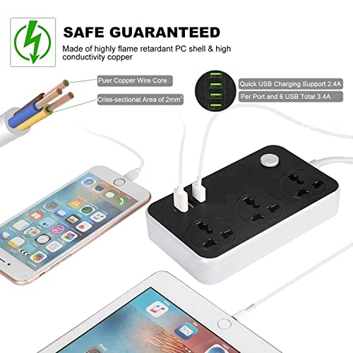 KITSSENTIAL Extension Board, Power Strip with 20W Fast Pd/Type C, 2500W 10A Extension Cord with 3 Universal Socket, 38W USB Fast Charging Ports, 3-Pin Surge Protection for Home Office 250 Volts (Extension Board) - Image 5