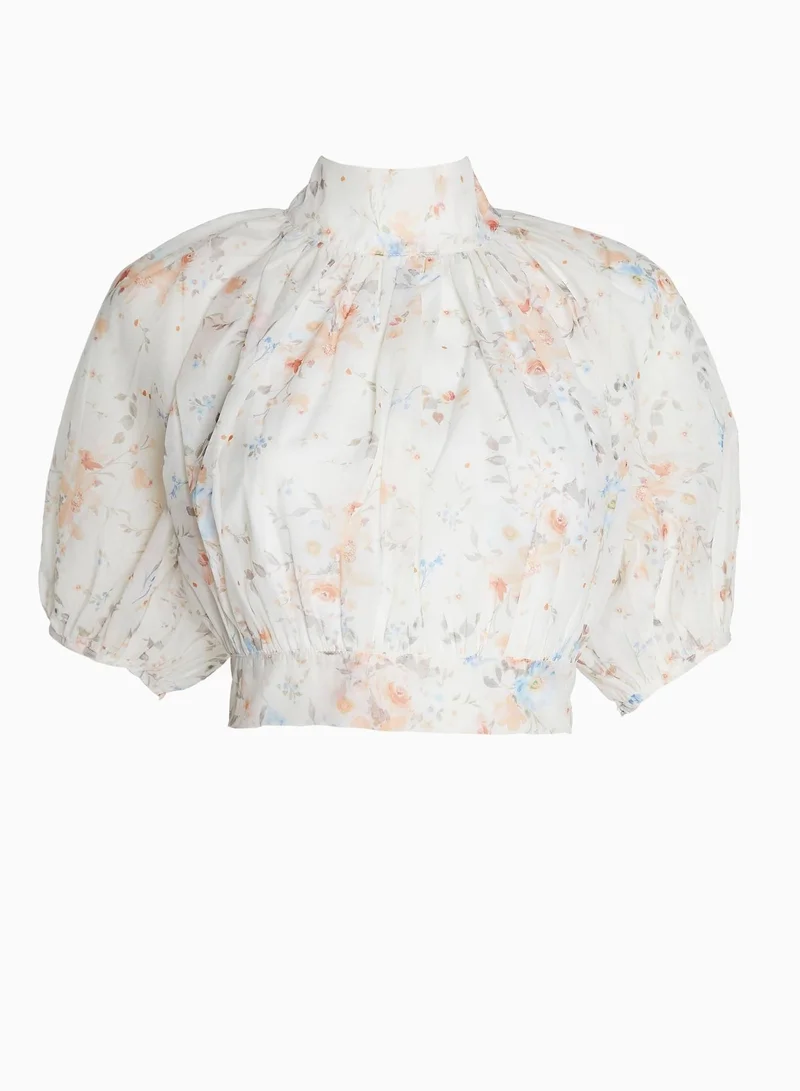ترو ديكادينس Harper Co-ord Cream Watercolour Organza Puff Sleeve Crop Top