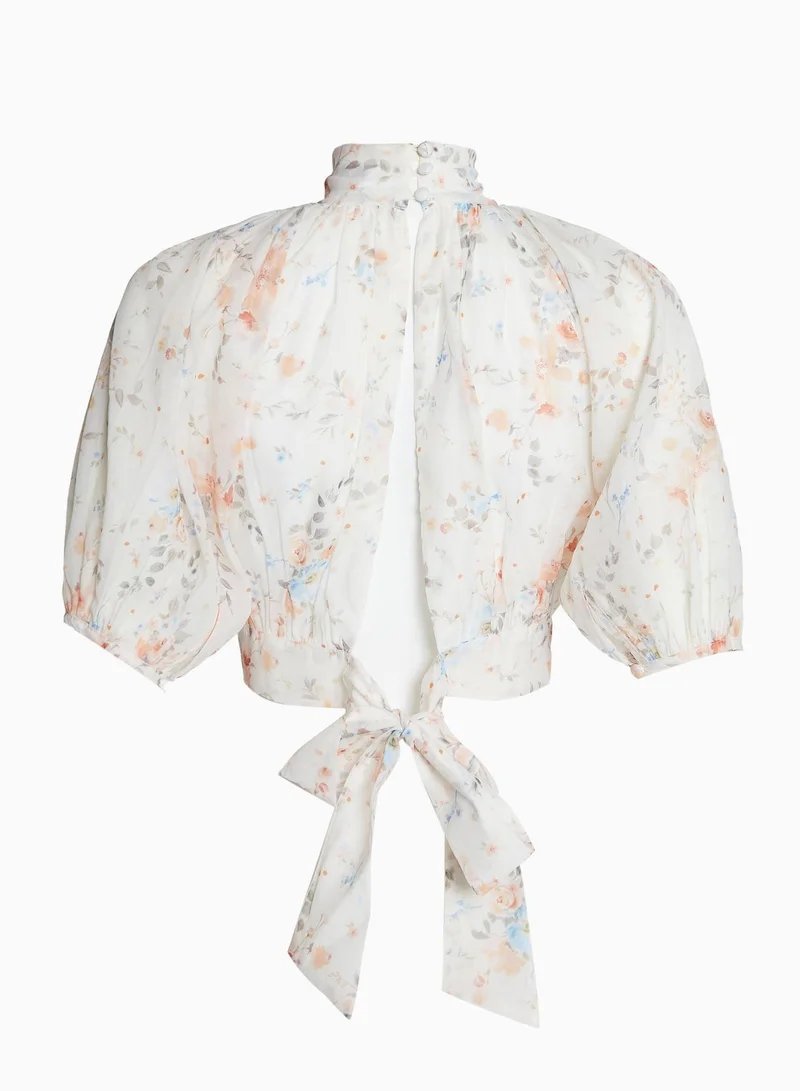 ترو ديكادينس Harper Co-ord Cream Watercolour Organza Puff Sleeve Crop Top