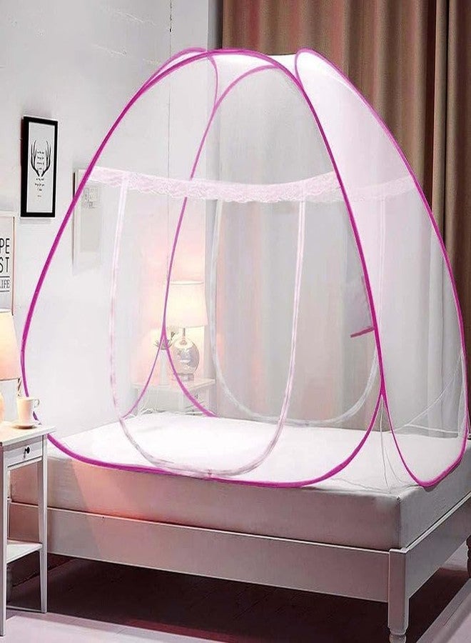 WELLBERG Pop Up Bed Mosquito Net with Bottom, Folding Design Breathable high Density mesh for Indoor and Outdoor,Portable and Washable with 20 Pairs of Stars and Hearts Mosquito Net (Pink) - Image 1