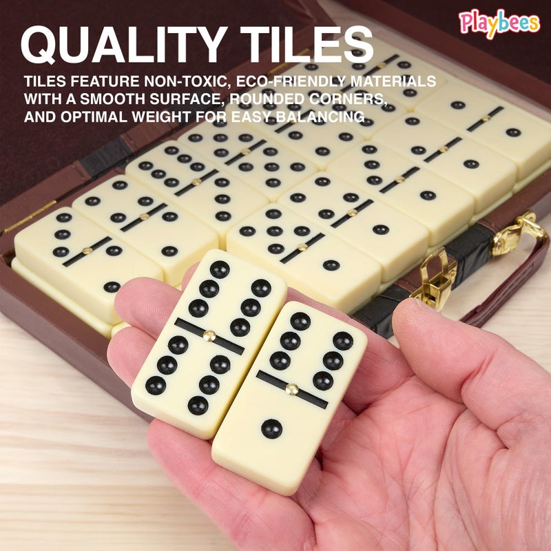 Playbees Jumbo Double Six Dominoes Set - 28 White Classic Tiles in Faux Leather Case - Fun Educational Toy for Kids, Boys, Girls, Classroom Kit, Classic Game Night Party Favors Set, Travel-Friendly - Image 5