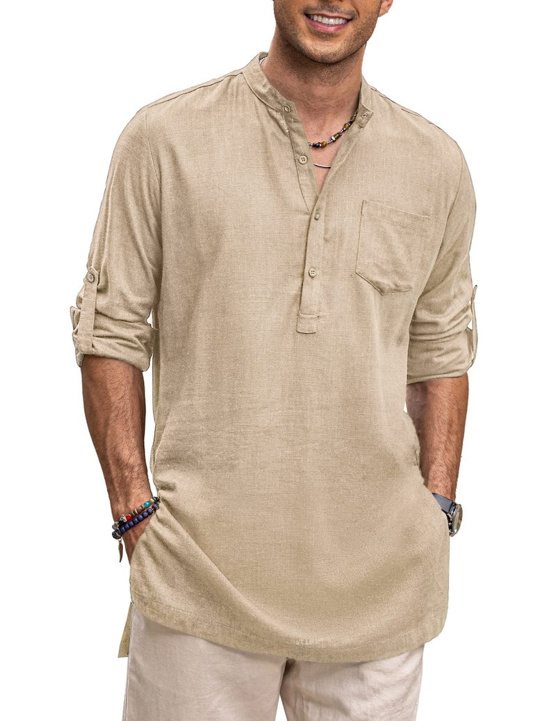 COOFANDY Mens Casual Henley Shirts Long Sleeve Cotton Linen Shirts Collarless Solid Indian Kurta Shirts with Pocket Khaki - Image 1