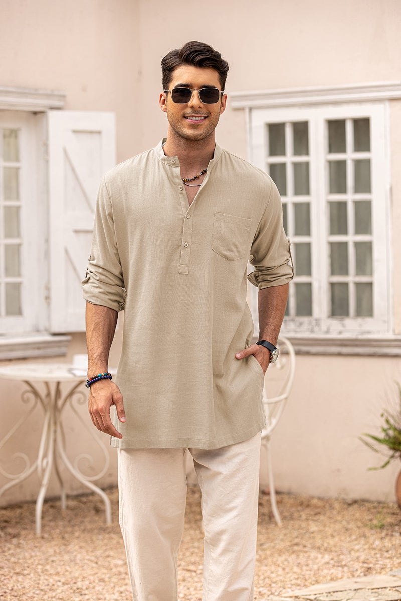 COOFANDY Mens Casual Henley Shirts Long Sleeve Cotton Linen Shirts Collarless Solid Indian Kurta Shirts with Pocket Khaki - Image 4