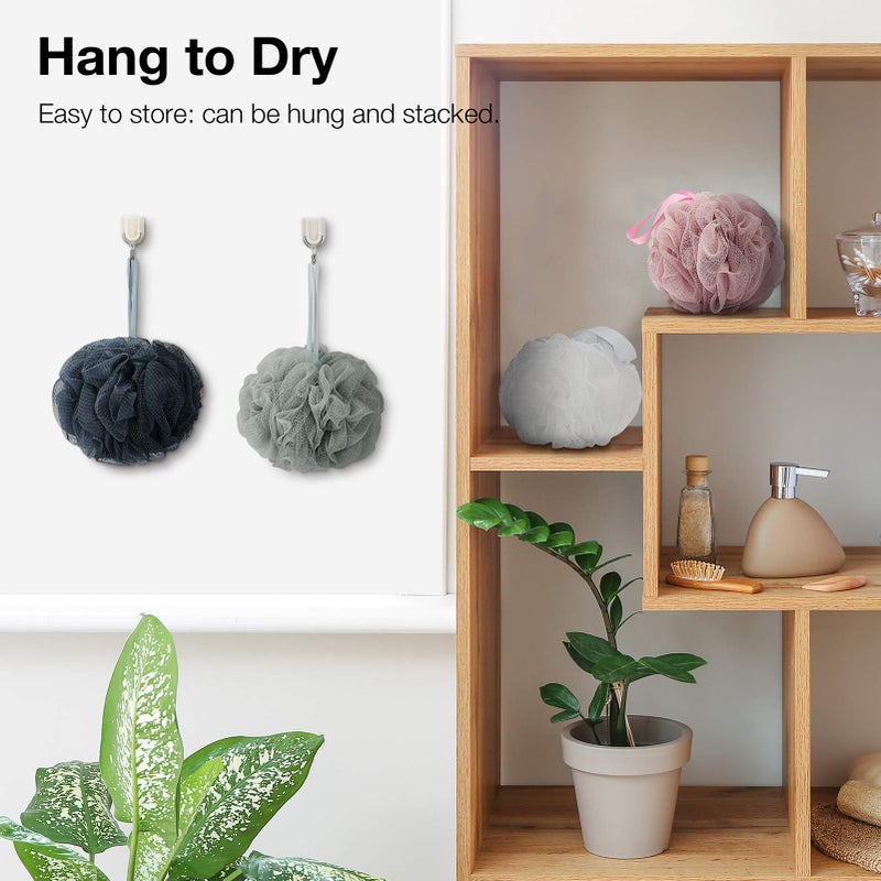 DadyMart Bath Shower Loofah Sponge 60g Bath Mesh Pouf Shower Ball Body Scrubber Exfoliating Bath Sponge for Women and Men, Set of 4, Drak Grey-Pink-Grey-White - Image 5