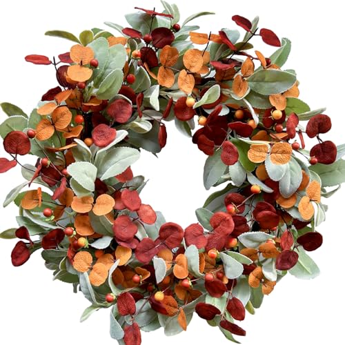 CIR OASES Artificial Fall Wreath for Front Door Autumn Door Wreath with Lambs Ears Leave Eucalyptus Leaves BerryFall Wreaths for Indoor Outdoor Farmhouse Home Wall Window Festival Wedding Decor