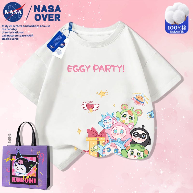 Nasa Joint Super Cute Eggs Five Small Cartoon T-Shirt Summer Big Children'S Pure Cotton Short-Sleeved Casual Fashion Top - Image 1