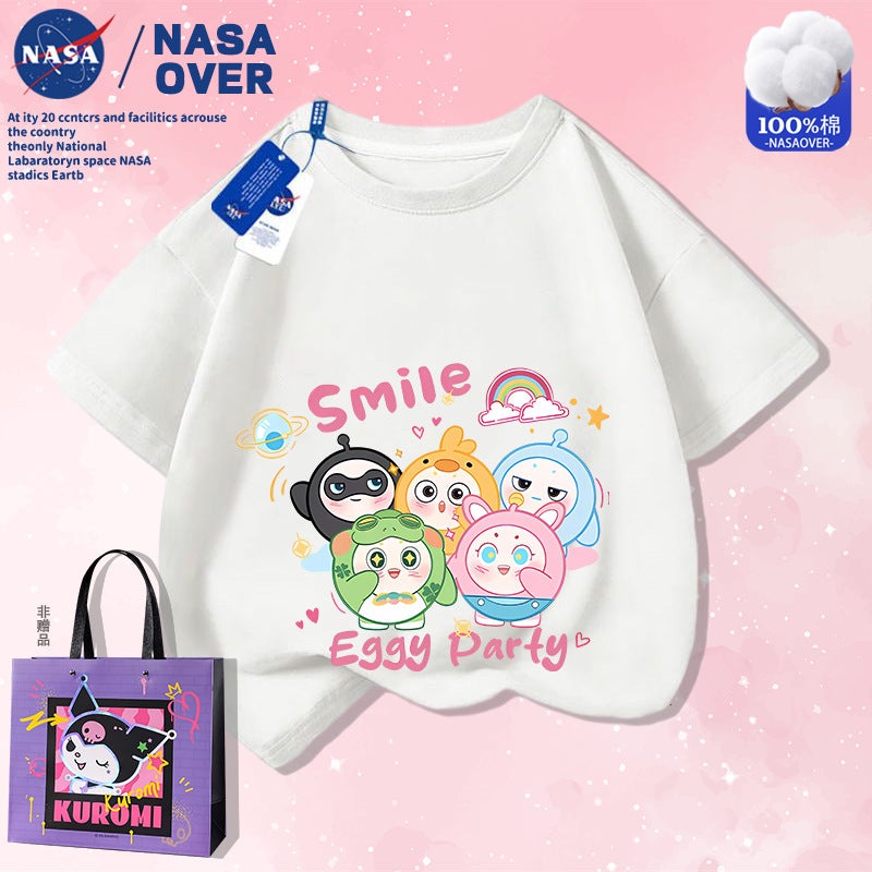 Nasa Joint Super Cute Eggs Five Small Cartoon T-Shirt Summer Big Children'S Pure Cotton Short-Sleeved Casual Fashion Top - Image 2