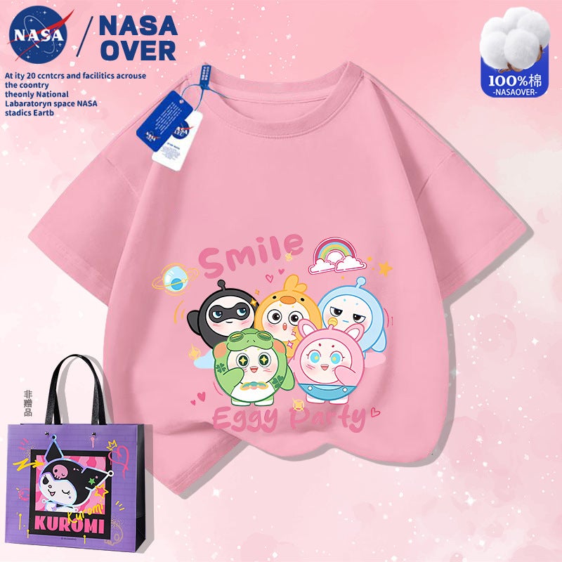 Nasa Joint Super Cute Eggs Five Small Cartoon T-Shirt Summer Big Children'S Pure Cotton Short-Sleeved Casual Fashion Top - Image 3