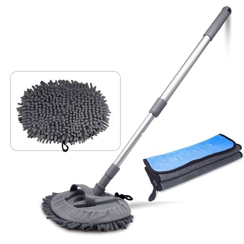 WISHKEY Car Cleaning Combo – Microfiber Wash Mop with 101 cm Extendable Handle & Duster Brush, 30×40 cm 500 GSM Soft and Super Absorbent Microfiber Cloths for Car, Bike & Home Cleaning - Image 1