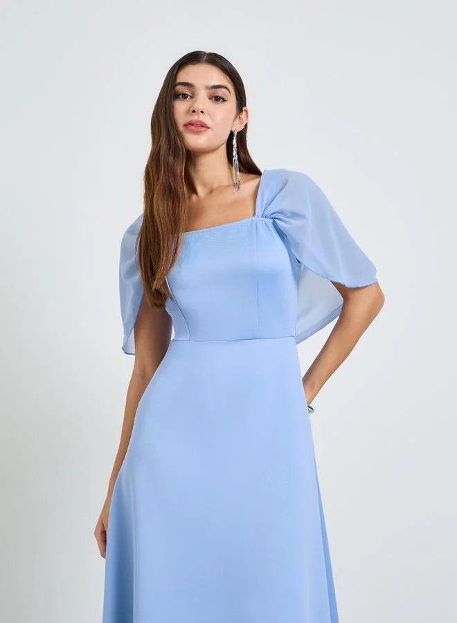 تايك تو Blue A-Line Maxi Dress With Cape Sleeves