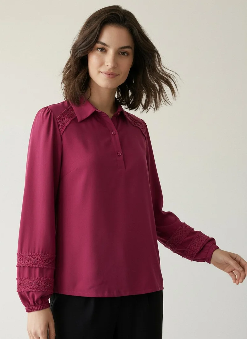 globus Globus Women's Pink Bishop Sleeves Casual Top with Shirt Collar and Lace Details