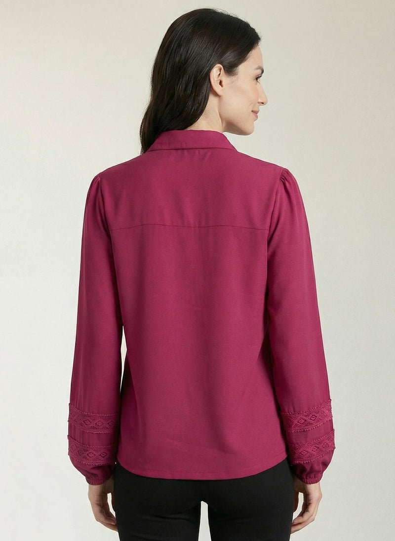 Globus Women's Pink Bishop Sleeves Casual Top with Shirt Collar and Lace Details - Image 4