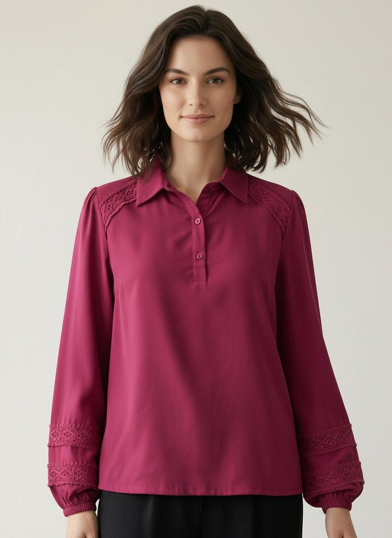 Globus Women's Pink Bishop Sleeves Casual Top with Shirt Collar and Lace Details - Image 3