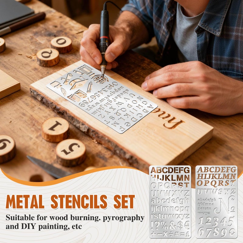 Starry 2PCS Stainless Steel Stencils Set for Engraving,Wood Burning - Reusable Alphabet Number Font Templates with Decorative Patterns for Metal,Wood,Leather,Glass,Journaling DIY Crafts (4x7 Inch) - Image 3