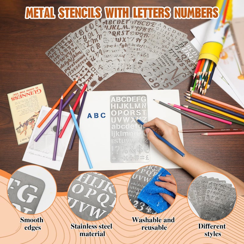 Starry 2PCS Stainless Steel Stencils Set for Engraving,Wood Burning - Reusable Alphabet Number Font Templates with Decorative Patterns for Metal,Wood,Leather,Glass,Journaling DIY Crafts (4x7 Inch) - Image 4