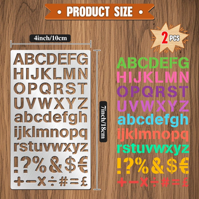 Starry 2PCS Stainless Steel Stencils Set for Engraving,Wood Burning - Reusable Alphabet Number Font Templates with Decorative Patterns for Metal,Wood,Leather,Glass,Journaling DIY Crafts (4x7 Inch) - Image 2