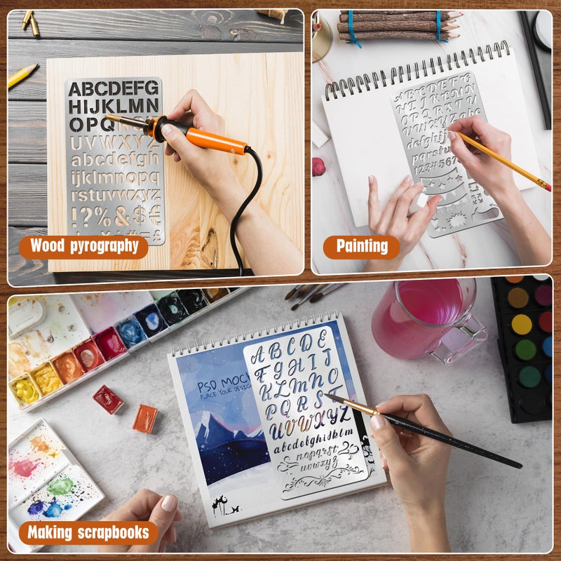 Starry 2PCS Stainless Steel Stencils Set for Engraving,Wood Burning - Reusable Alphabet Number Font Templates with Decorative Patterns for Metal,Wood,Leather,Glass,Journaling DIY Crafts (4x7 Inch) - Image 5