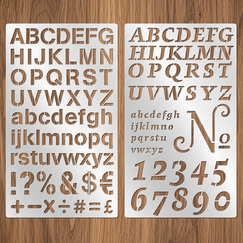 Starry 2PCS Stainless Steel Stencils Set for Engraving,Wood Burning - Reusable Alphabet Number Font Templates with Decorative Patterns for Metal,Wood,Leather,Glass,Journaling DIY Crafts (4x7 Inch) - Image 1