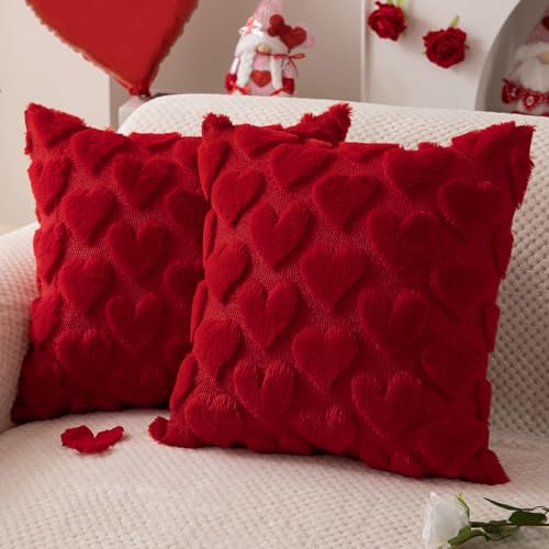 DFXSZ Valentines Pillow Covers 18x18 inch Set of 2 Valentines Day Decoration Red Heart Soft Plush Faux Fur Jacquard Throw Pillows for Bedroom Sofa Holiday Festivals Home Decor PTK017A18 - Image 1
