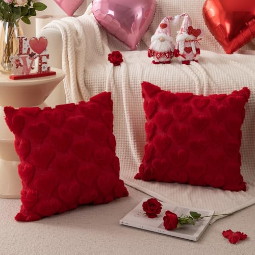 DFXSZ Valentines Pillow Covers 18x18 inch Set of 2 Valentines Day Decoration Red Heart Soft Plush Faux Fur Jacquard Throw Pillows for Bedroom Sofa Holiday Festivals Home Decor PTK017A18 - Image 5