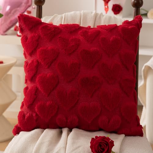 DFXSZ Valentines Pillow Covers 18x18 inch Set of 2 Valentines Day Decoration Red Heart Soft Plush Faux Fur Jacquard Throw Pillows for Bedroom Sofa Holiday Festivals Home Decor PTK017A18 - Image 3