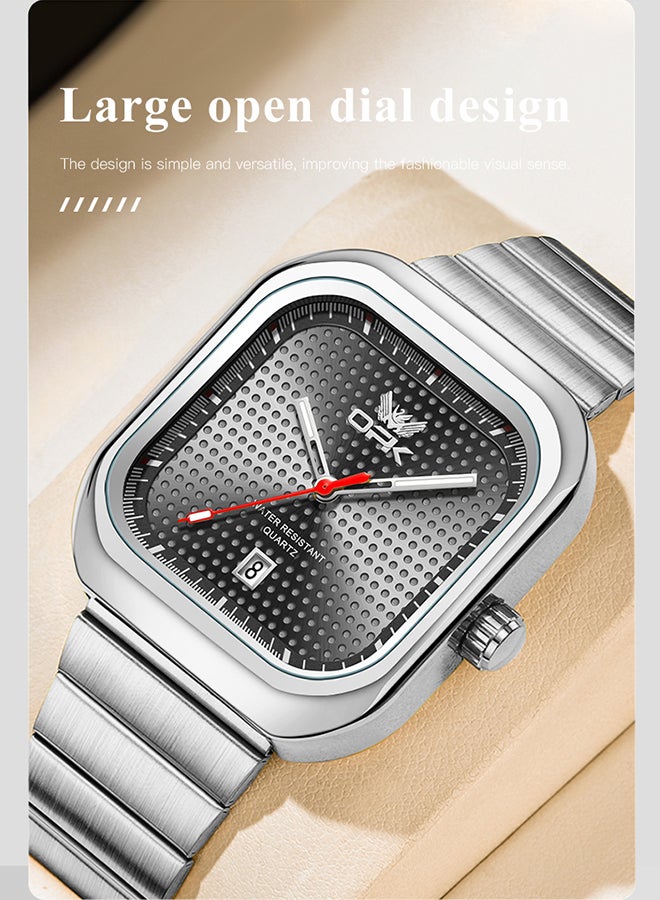 او بي كي ساعة OPK أنيقة مربعة الشكل للرجال، بسوار فولاذي، مضيئة ومقاومة للماء، كوارتز بتقويم واحد، فولاذ 6041، أسود. - Image 2