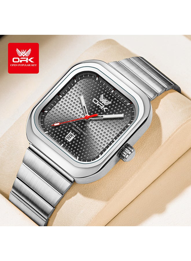 او بي كي ساعة OPK أنيقة مربعة الشكل للرجال، بسوار فولاذي، مضيئة ومقاومة للماء، كوارتز بتقويم واحد، فولاذ 6041، أسود. - Image 1