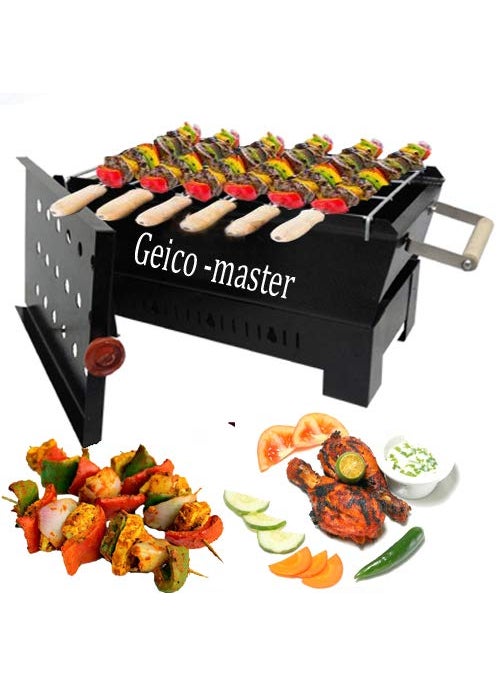Geico-master Geicomaster Portable Outdoor Barbeque Charcoal BBQ Grill Black 6 Wooden Handle Skewers 1 Iron Grill Black  - Image 2