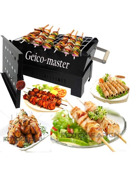 Geico-master Geicomaster Portable Outdoor Barbeque Charcoal BBQ Grill Black 6 Wooden Handle Skewers 1 Iron Grill Black  - Image 1
