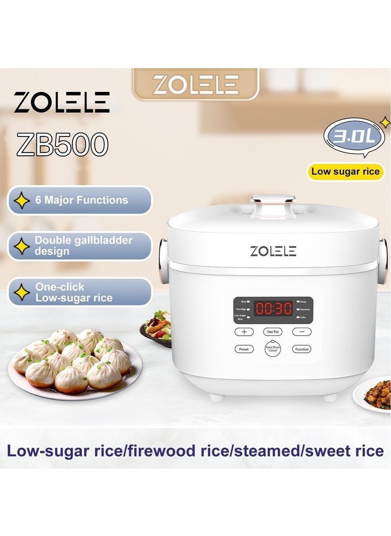 ZOLELE - ZB500 Multifunctional Electric Rice Cooker With 3L Capacity Smart Low Sugar Rice Cooker Micro-Computer Button Double Inner Pot 700W Power - White - Image 1