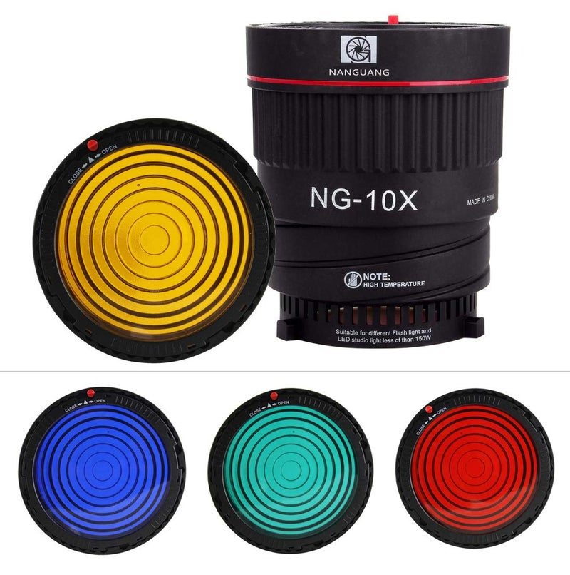 EXMAX NG-10X Fresnel Lens Focusing Adapter Fresnel Spot S-Mount Adapter Attachment 10-40° 5X Brighter Focus Lens Adjust for godox sl-60w Bowens Mount Studio Light Flash LED Light 4 Color Gel Filters - Image 4