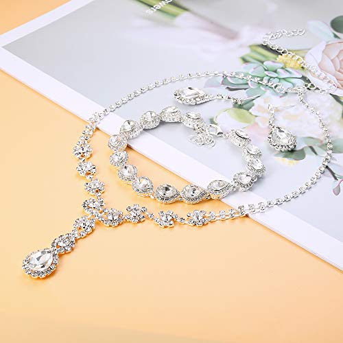 LOYALLOOK Women's Rhinestone Teardrop Necklace Bracelets and Dangle Earrings Jewerry Sets for Proms Weddings - Image 3