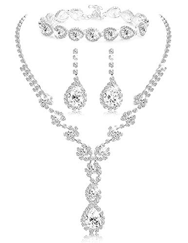 LOYALLOOK Women's Rhinestone Teardrop Necklace Bracelets and Dangle Earrings Jewerry Sets for Proms Weddings - Image 1