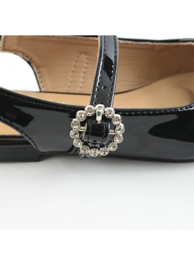 Girls Black Patent Leather Slingback Flats with Crystal Buckle Dress Shoes - Image 3