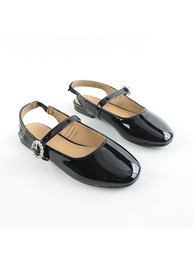 Girls Black Patent Leather Slingback Flats with Crystal Buckle Dress Shoes - Image 5