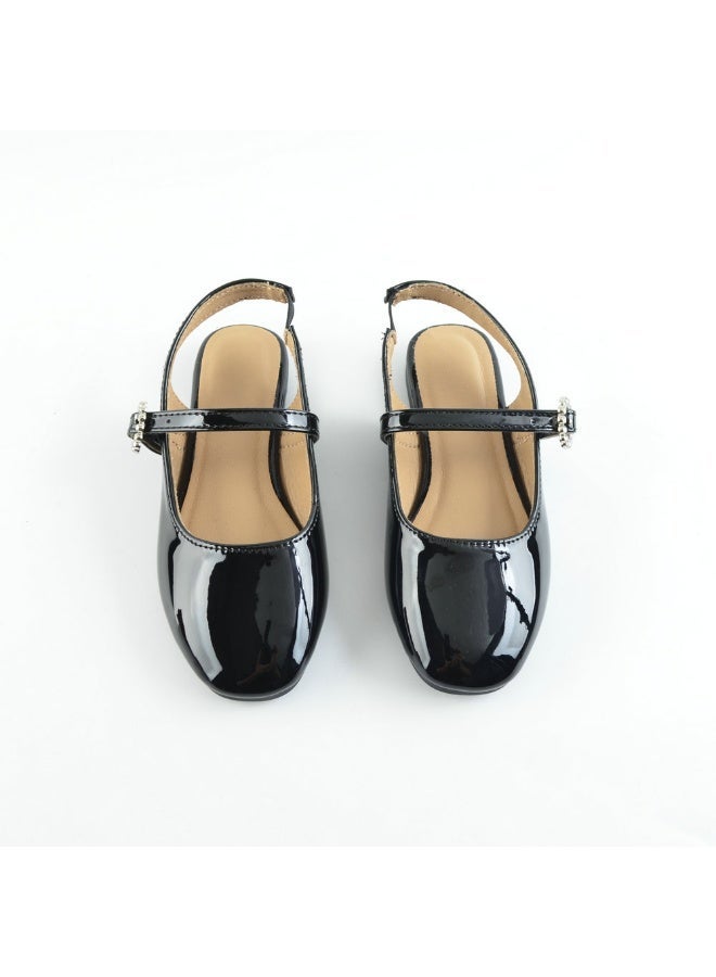 Girls Black Patent Leather Slingback Flats with Crystal Buckle Dress Shoes - Image 2