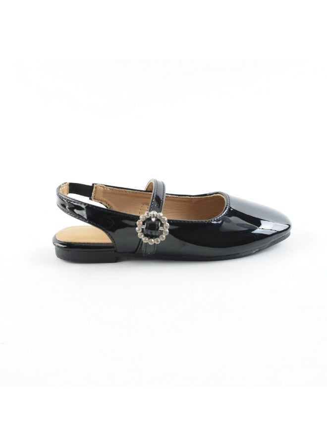 Girls Black Patent Leather Slingback Flats with Crystal Buckle Dress Shoes - Image 1