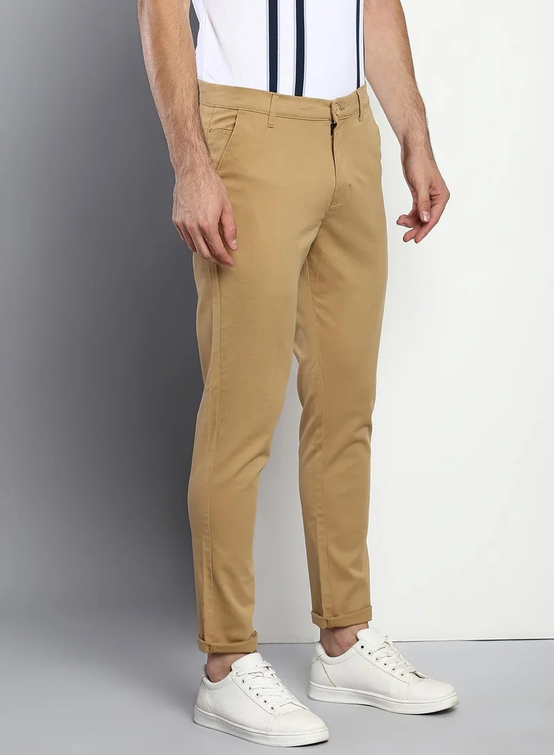 Dennis Lingo Men's Tapered Fit Dark Khaki Cotton Chinos - Mid-Rise, Full Length, Button & Zip Closure