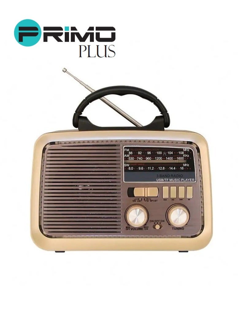 بريمو بلس راديو محمول HI-FI بثلاث قنوات FM - AM - SW ذهبي/بني/أسود بلوتوث AUX بطاقة TF قرص فلاش USB - Image 3