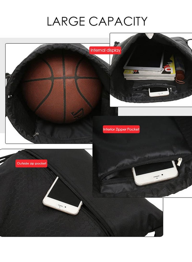 UANIQ Drawstring Backpack Large Capacity Gym Sports Bag Waterproof Oxford Fabric Swimming Sack with Zipper Pocket Soccer Basketball Training Bag for Men Women Students 50x42cm Black - Image 4