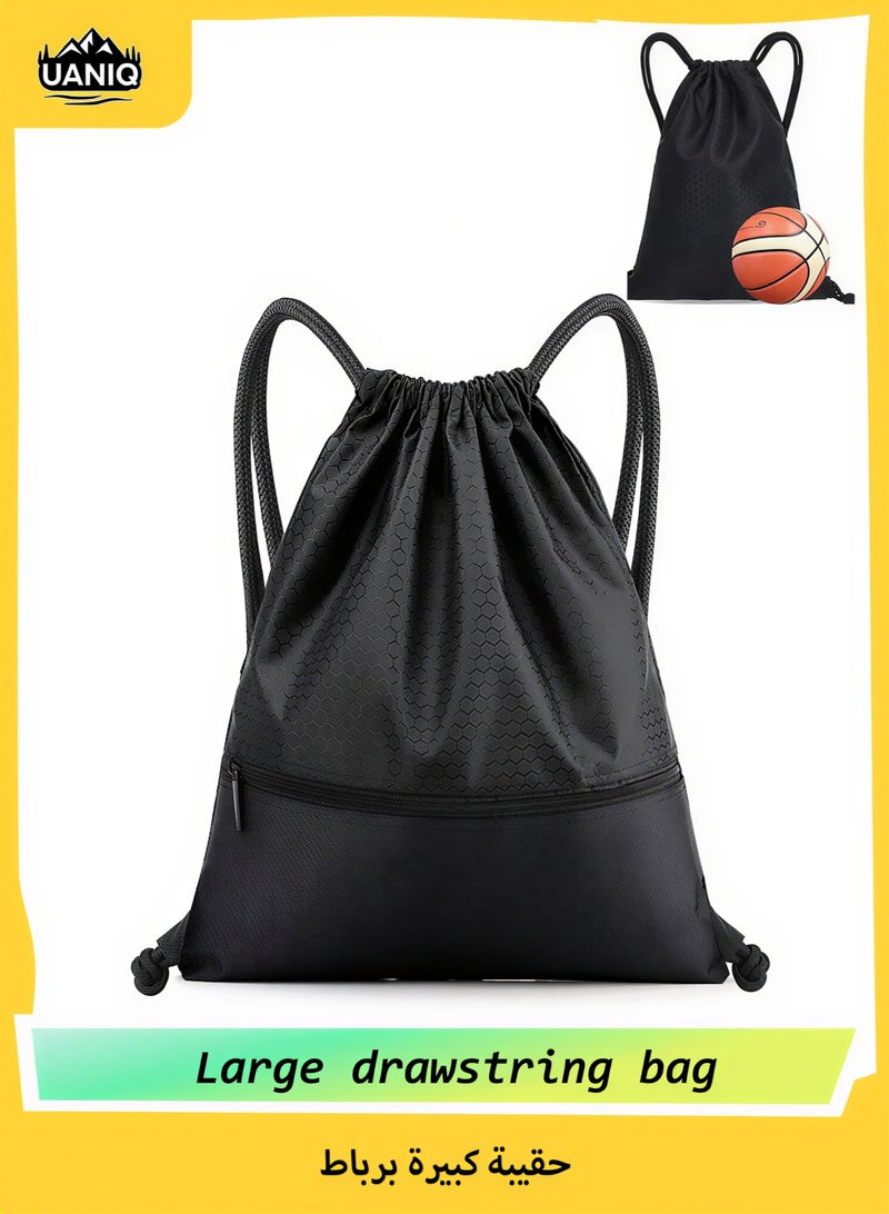 UANIQ Drawstring Backpack Large Capacity Gym Sports Bag Waterproof Oxford Fabric Swimming Sack with Zipper Pocket Soccer Basketball Training Bag for Men Women Students 50x42cm Black - Image 1