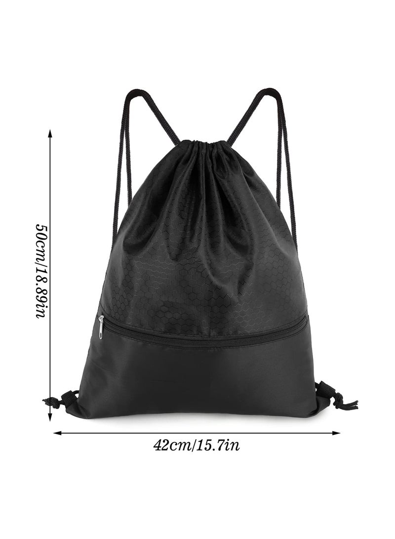 UANIQ Drawstring Backpack Large Capacity Gym Sports Bag Waterproof Oxford Fabric Swimming Sack with Zipper Pocket Soccer Basketball Training Bag for Men Women Students 50x42cm Black - Image 2
