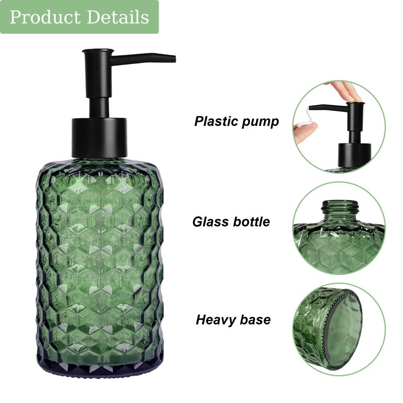 Guokanfly 17Oz Black Pump Glass Soap Dispenser, Green Honeycomb Design Countertop Refillable Liquid Bottle Hand Dish Lotion Dispenser with Plastic Pump, for Kitchen, Bathroom - Image 3