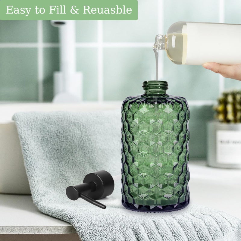 Guokanfly 17Oz Black Pump Glass Soap Dispenser, Green Honeycomb Design Countertop Refillable Liquid Bottle Hand Dish Lotion Dispenser with Plastic Pump, for Kitchen, Bathroom - Image 4